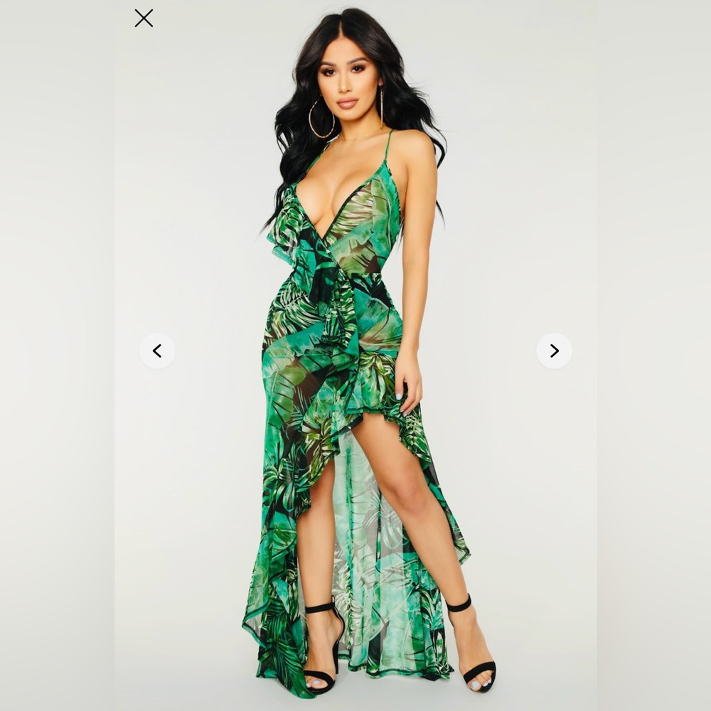 Fashion Nova Tropical Green High Low Dress